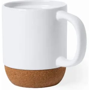 A white ceramic mug with a cork base and a handle, featuring a smooth surface and a minimalist design.