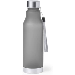 A drink bottle in matte grey with a silver cap and a strap, featuring a logo on its surface.