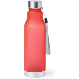 A drink bottle in a vibrant red colour with a silver base and a strap for easy carrying. Features a branding logo.