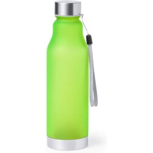 A drink bottle in vibrant green with a silver cap and a grey strap. It features a sleek, modern design.