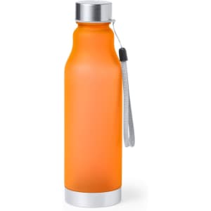 An orange drink bottle with a metal lid and a grey carrying strap. It features a sleek, matte finish.
