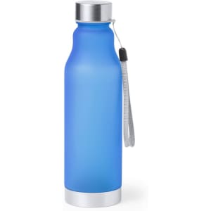 A drink bottle in a frosted blue finish with a silver base and a tethered handle. It features a logo.