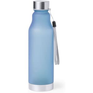 A drink bottle in a frosted blue finish with a silver base and cap, featuring a wrist strap and a logo.