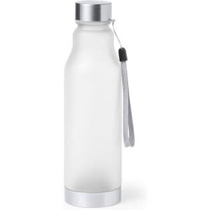 A drink bottle in frosted white with a silver lid and a grey strap, featuring a logo on the side.