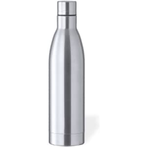 A drink bottle in a sleek, silver stainless steel finish, featuring a simple and elegant design.