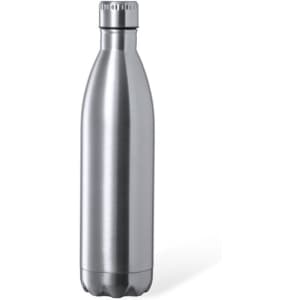 A drink bottle in a sleek silver stainless steel finish, featuring a screw-top lid and a logo on the body.