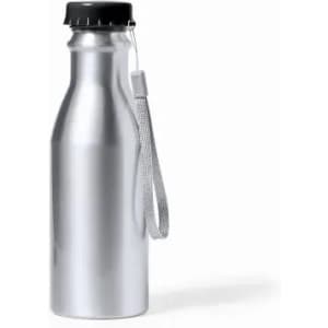 A drink bottle made of shiny silver metal with a black cap and a grey strap attached.