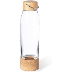 A drink bottle made of clear glass with a bamboo lid and cork base, featuring a handle for easy carrying.