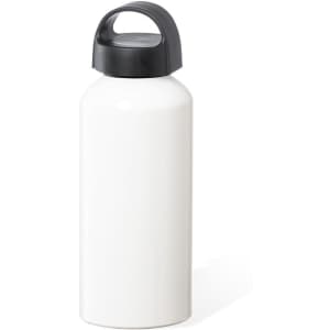 A drink bottle in white with a black lid and a handle. It features a simple design.
