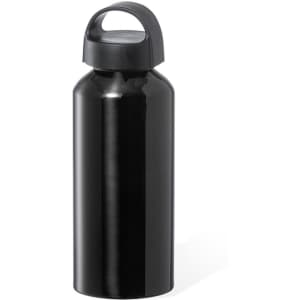 A drink bottle in glossy black with a screw-on lid and a built-in handle. Features a simple logo on the side.