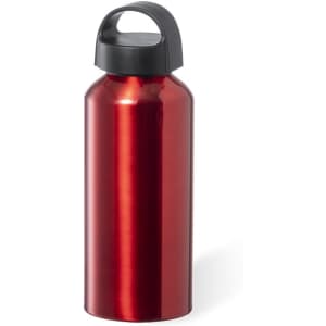 A drink bottle in a shiny red finish with a black cap and handle, featuring a logo.