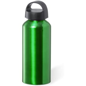 A drink bottle in shiny green metal with a black plastic lid and handle. It has a sleek, cylindrical design.