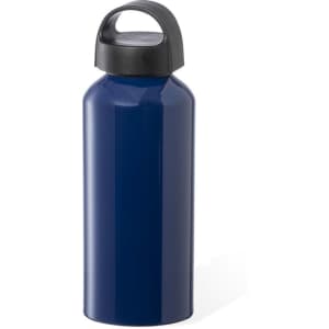 A drink bottle in navy blue with a black lid and a handle, featuring a logo.