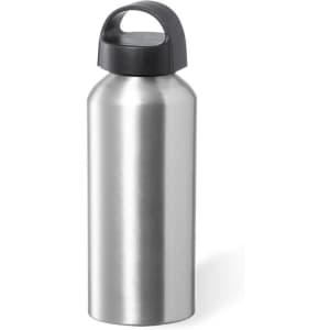 A drink bottle in stainless steel with a black plastic lid and handle. Features a simple, sleek design.