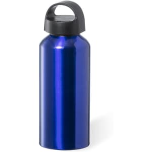 A drink bottle in a shiny blue finish with a black screw-top lid and a handle. It features a logo.