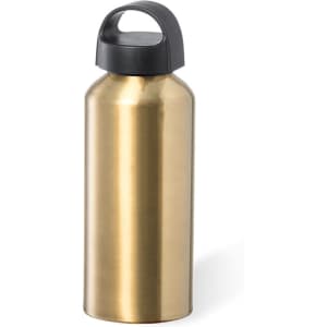 A drink bottle with a shiny gold body and a black lid, featuring a handle for easy carrying.