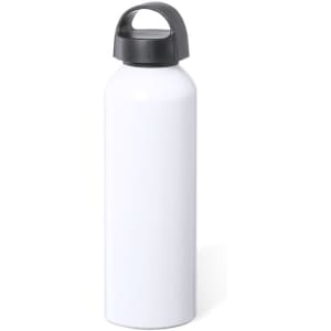 A drink bottle in white with a black lid and handle, featuring a logo.