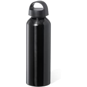 A drink bottle in sleek black with a rounded body and a handle on the cap, featuring a logo.