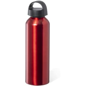 A drink bottle in a shiny red finish with a black cap and handle, featuring a logo.