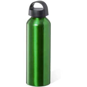 A drink bottle in shiny green metal with a black lid and a handle. It has a logo on the front.