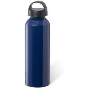 A drink bottle in navy blue with a black lid and a carrying handle, featuring a logo.