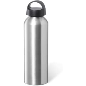 A drink bottle made of stainless steel with a black lid, featuring a logo on the side.
