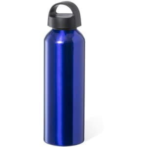 A drink bottle in shiny blue metal with a black lid and an attached handle. It has a logo on the front.