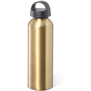 A drink bottle in a metallic gold finish with a black lid and a built-in handle. It features a logo.