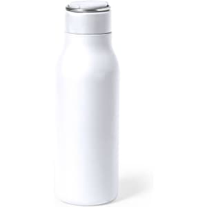 A drink bottle in sleek white design with a stainless steel cap and a smooth finish. It features a logo.