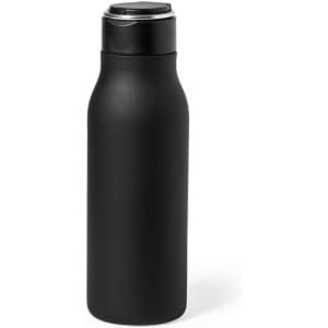 A drink bottle in matte black with a sleek design and a screw-top lid. It features a simple logo on the body.
