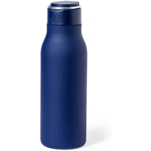 A drink bottle in a matte navy blue finish, featuring a sleek design and a screw-on lid.