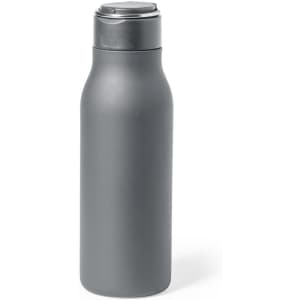 A drink bottle in matte grey with a stainless steel lid and a sleek design. Features a logo on the surface.