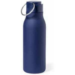A drink bottle in a navy blue colour with a metal ring attached to the cap. Features a sleek, modern design.