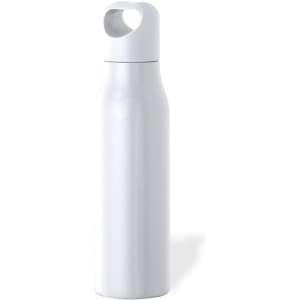 A drink bottle in a sleek white finish, featuring a handle and a simple design. It has a branding logo.