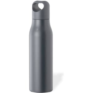 A grey drink bottle with a sleek design and a rounded spout, featuring a handle for easy carrying.