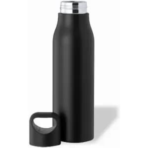 A drink bottle in matte black, featuring a screw-on lid and a curved handle. It has a sleek design and a logo.