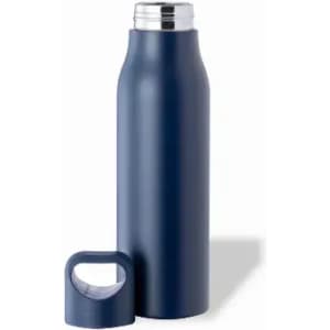 A drink bottle in navy blue with a silver screw top and a removable lid beside it. The bottle has a logo.