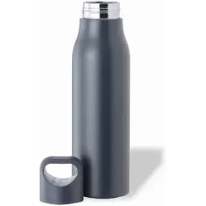 A drink bottle in dark grey with a silver screw-top lid and a removable cap. It features a logo.