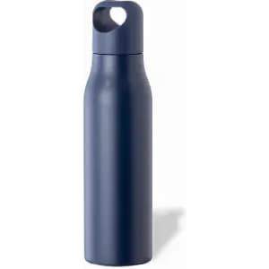 A drink bottle in navy with a sleek design and a handle at the top. It features a logo on the surface.
