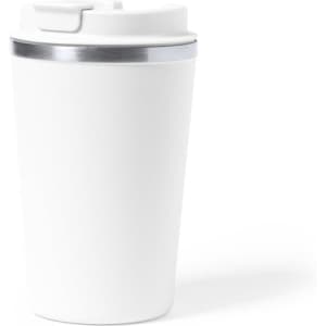 A drink bottle in white with a silver band and a lid, featuring a sleek and modern design.