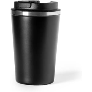 A drink bottle in matte black with a silver band at the top and a secure lid. It has a sleek, modern design.
