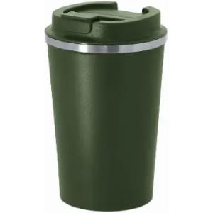 A drink bottle in dark green with a silver band and a secure lid. It features a simple, modern design.