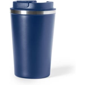 A drink bottle in navy blue with a silver band around the centre and a secure lid. It features a logo.