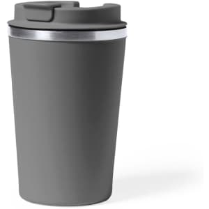 A drink bottle in matte grey with a silver band at the top and a lid, featuring a logo.