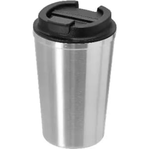 A drink bottle with a silver stainless steel body and a black lid featuring a sliding closure. It has a logo.