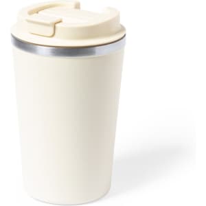 A drink bottle in cream with a silver band at the top and a secure lid, featuring a logo.