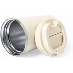 A cream-coloured drink bottle with a silver rim and a secure lid, featuring a logo.