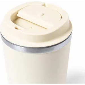 A drink bottle in a creamy white colour with a silver rim and a secured lid. The bottle has a logo.