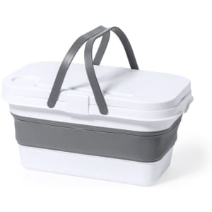 A collapsible storage container in white and grey, featuring a handle and a secure lid.