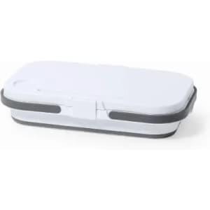 A lunchbox in white and grey with a secure lid and branding on the side.